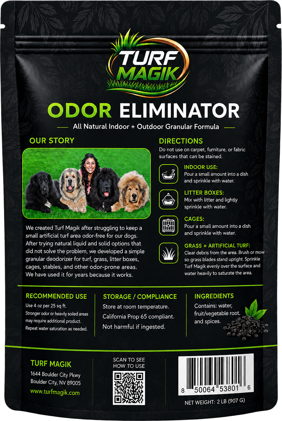 Back of Turf Magik Odor Eliminator 2 lb bag with directions and ingredients