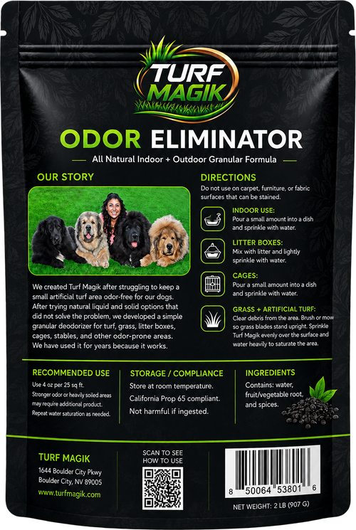 Back of Turf Magik Odor Eliminator 2 lb bag with directions and ingredients